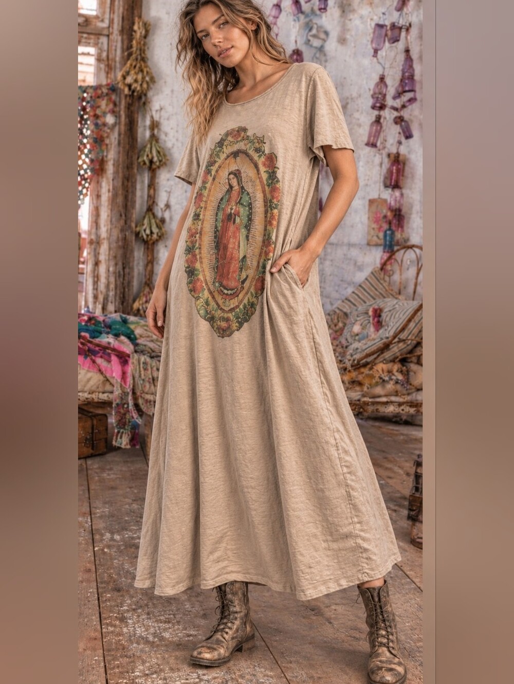 Magnolia Style Free Relaxed Beige Bohemian Long boho Maxi Dress with Pockets L